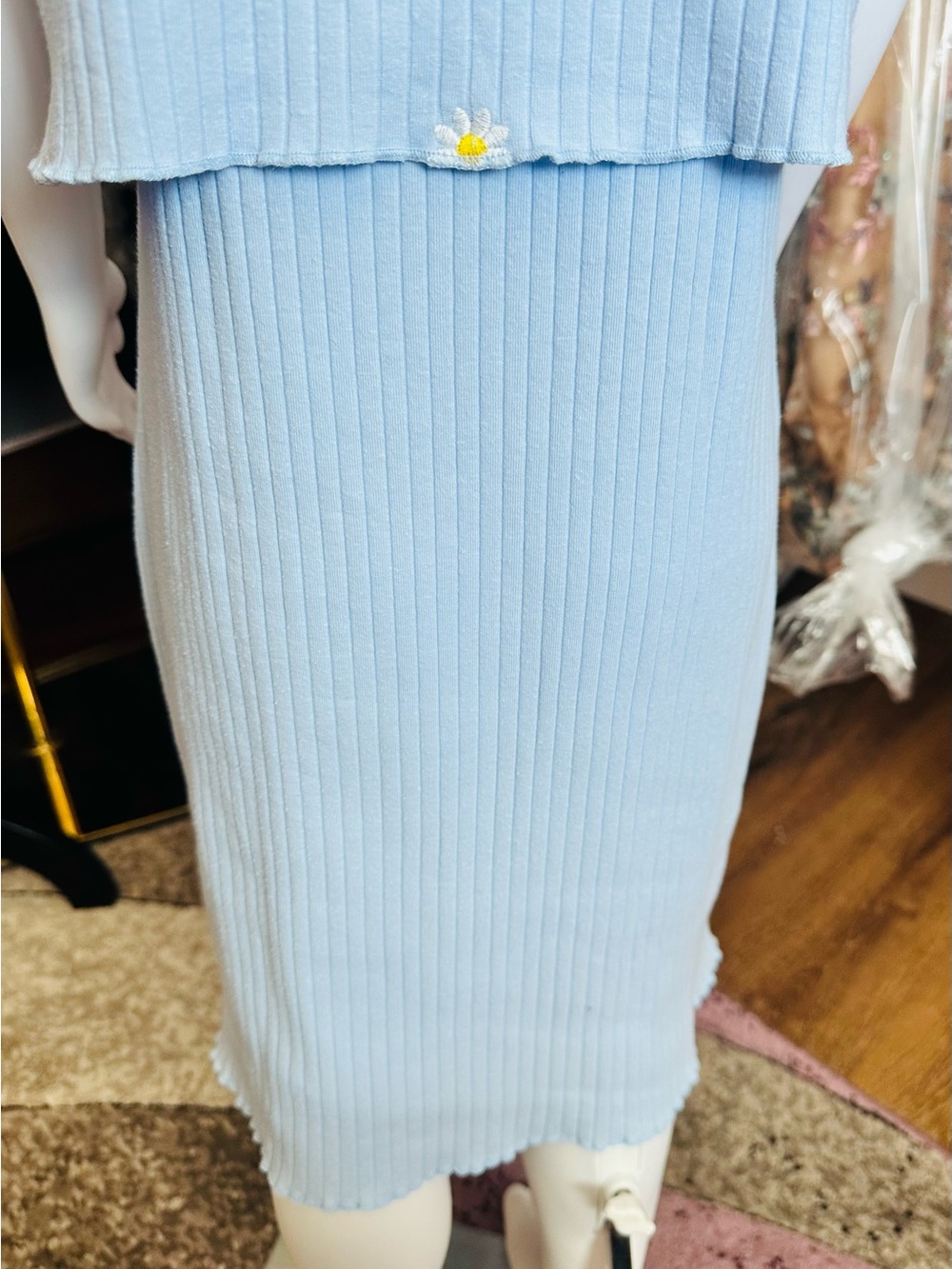 Btween Girls Blue Daisy Ribbed Dress & Matching Tie-Front Shrug Set - Picture 6 of 9